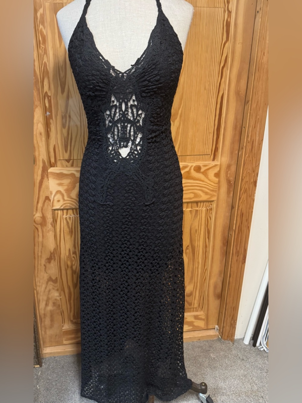 Sky Black Crochet Maxi Dress with Lace Cutout